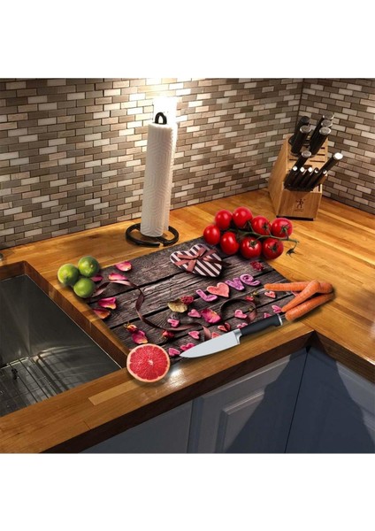 Dekoratif Cam Kesme Tahtası 30 cm. x 40 cm. Love Yazılı