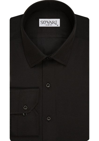 Slim Fit Armür Desenli Siyah Erkek Gömlek