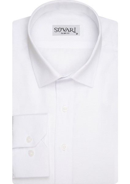 Slim Fit Armür Desenli Beyaz Erkek Gömlek
