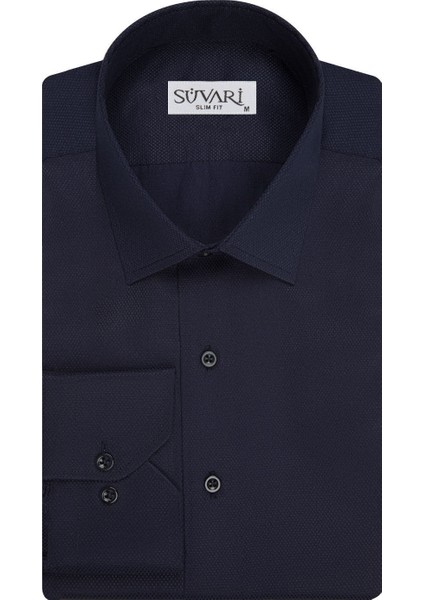 Slim Fit Armür Desenli Lacivert Erkek Gömlek
