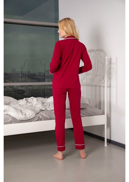 Huq Moda bordo Pamuklu Likralı Biyeli Düğmeli Pijama Takımı - Bordo