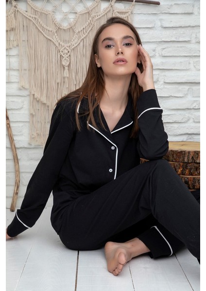 Huq Moda siyah Beyaz Biyeli Pamuklu Likralı Düğmeli Pijama Takımı - Siyah