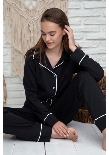 Huq Moda siyah Beyaz Biyeli Pamuklu Likralı Düğmeli Pijama Takımı - Siyah