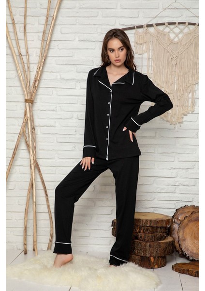 Huq Moda siyah Beyaz Biyeli Pamuklu Likralı Düğmeli Pijama Takımı - Siyah