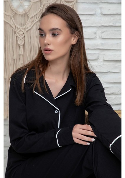 Huq Moda siyah Beyaz Biyeli Pamuklu Likralı Düğmeli Pijama Takımı - Siyah