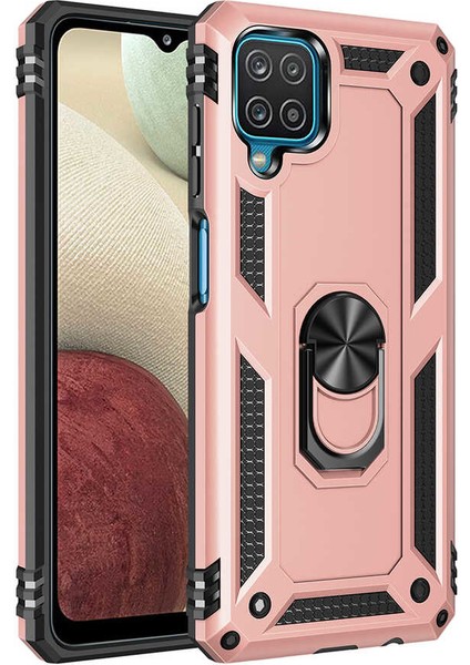 - Samsung Galaxy A12 - Kılıf Yüzüklü Zırh Tank Vega Kapak - Rose Gold - T16364