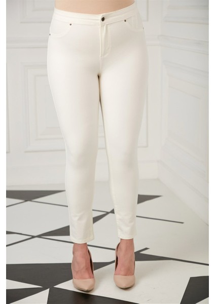 Cep Detaylı Büyük Beden Pamuk Pantolon Ekru
