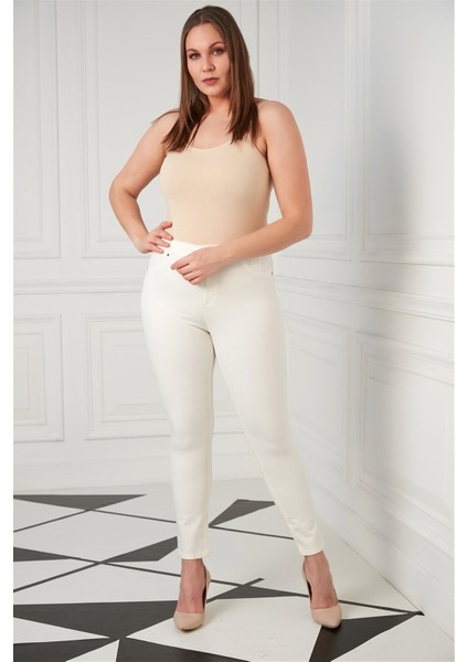 Cep Detaylı Büyük Beden Pamuk Pantolon Ekru fırsatları