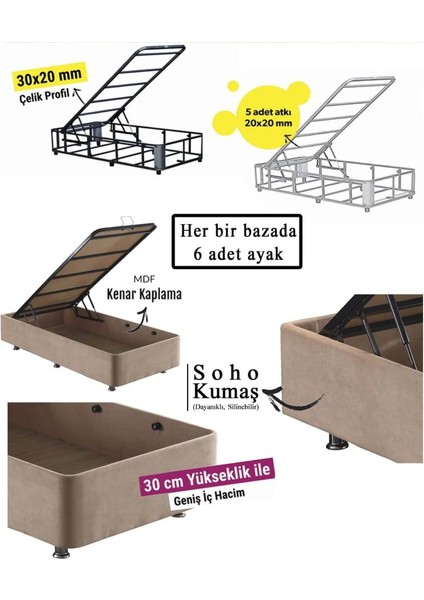 Niron Yatak Niron Ela Baza - 80X180 cm Tek Kişilik Sandıklı Sütlü Kahve Kumaş Baza Silinebilir Soho Kumaş