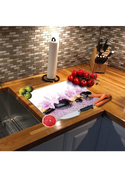 Dekoratif Cam Kesme Tahtası 30 x 40 cm Menekşeler