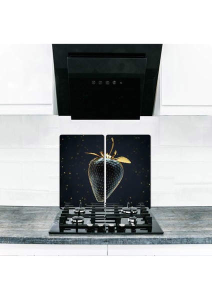 Cam Ocak Koruyucu ve Kesim Tablası Altın Çilek 60 x 52 cm 2 Parça 4'lü Ocaklar