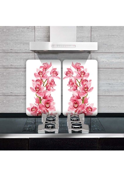 Cam Ocak Koruyucu ve Kesim Tablası Pembe ORKIDE 80 x 52 cm 2 Parça 5'li Ocaklar