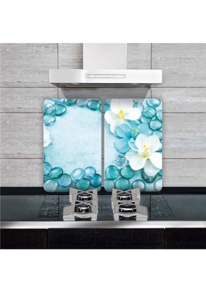 Cam Ocak Koruyucu ve Kesim Tablası Mavi Taşlar 80 x 52 cm 2 Parça 5'li Ocaklar
