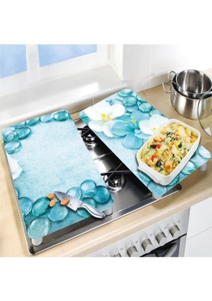 Cam Ocak Koruyucu ve Kesim Tablası Mavi Taşlar 80 x 52 cm 2 Parça 5'li Ocaklar
