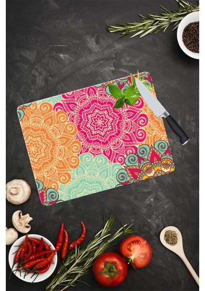 30x40cm - Kırmızı Turuncu Mandala - Cam Kesme Tahtası