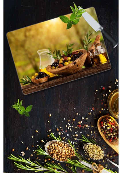 Zeytin Desenli Cam Kesme Tahtası 30 x 40 cm