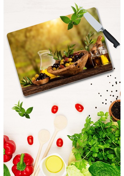 Zeytin Desenli Cam Kesme Tahtası 30 x 40 cm fiyatları
