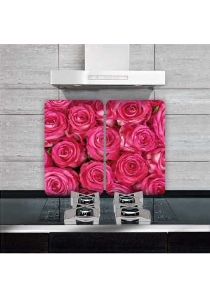 Dekoratif Cam Ocak Koruyucu ve Kesim Tahtası Koyu Pembe Güller 60 x 52 cm 2 Parça 4'lü Ocaklar
