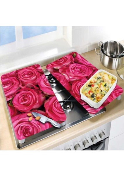 Dekoratif Cam Ocak Koruyucu ve Kesim Tahtası Koyu Pembe Güller 60 x 52 cm 2 Parça 4'lü Ocaklar fiyatları