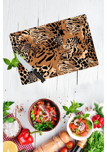 Leopar Desenli Cam Kesme Tahtası 30 x 40 cm