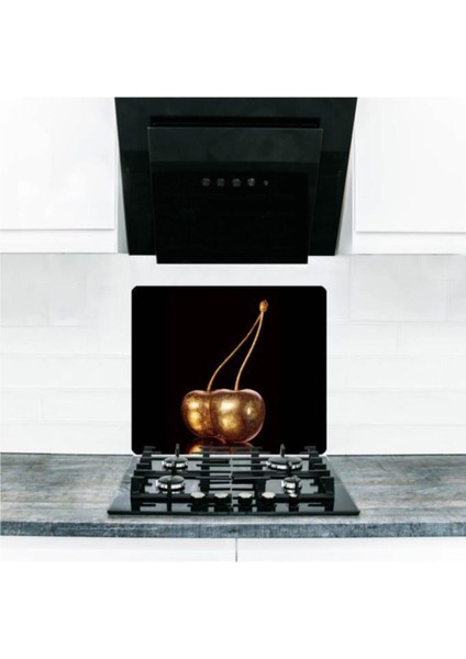 Cam Ocak Arkası Koruyucu ve Kesme Tablası Altın Kiraz 50 cm x 56 cm