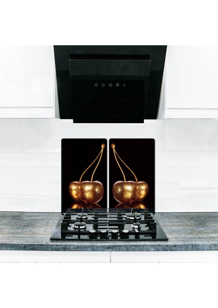 Cam Ocak Koruyucu ve Kesme Tablası Altın Kiraz 80 x 52 cm - 5'li Ocaklar