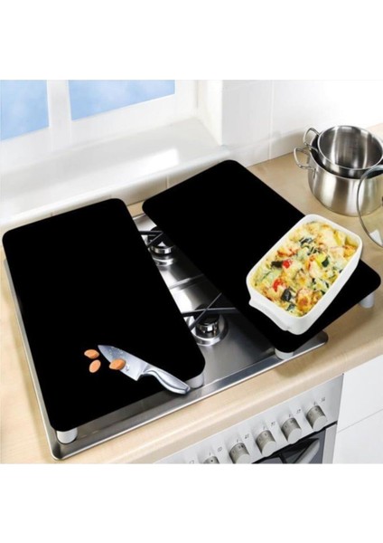 Cam Ocak Koruyucu ve Kesim Tablası Düz Siyah 80 x 52 cm 2 Parça 5'li Ocaklar