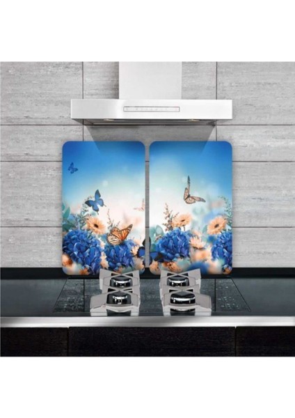 Cam Ocak Koruyucu ve Kesim Tablası Kelebek 80 x 52 cm 2 Parça 5'li Ocaklar