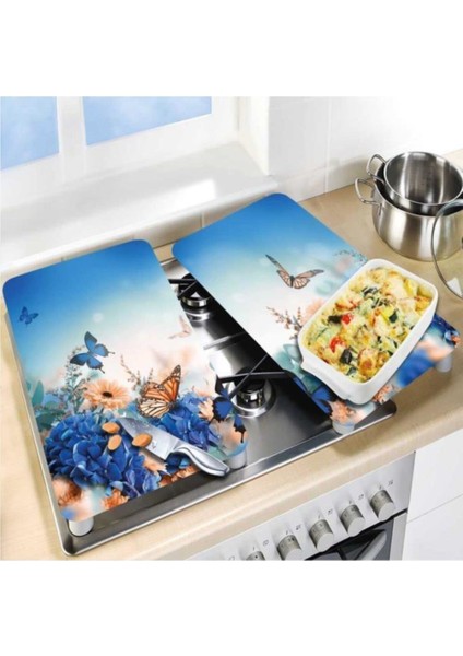 Cam Ocak Koruyucu ve Kesim Tablası Kelebek 80 x 52 cm 2 Parça 5'li Ocaklar