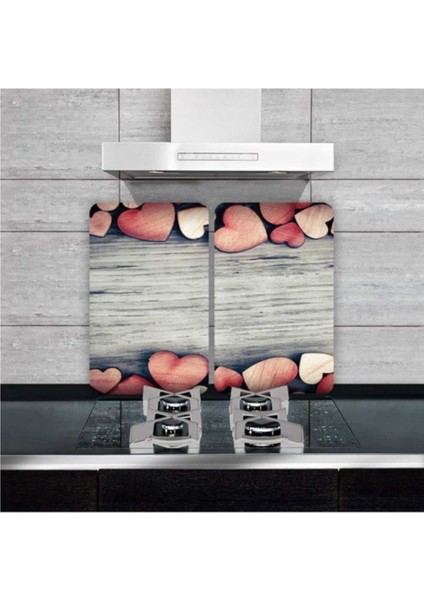 Cam Ocak Koruyucu ve Kesim Tablası Dokulu Kalpler 80 x 52 cm 2 Parça 5'li Ocaklar