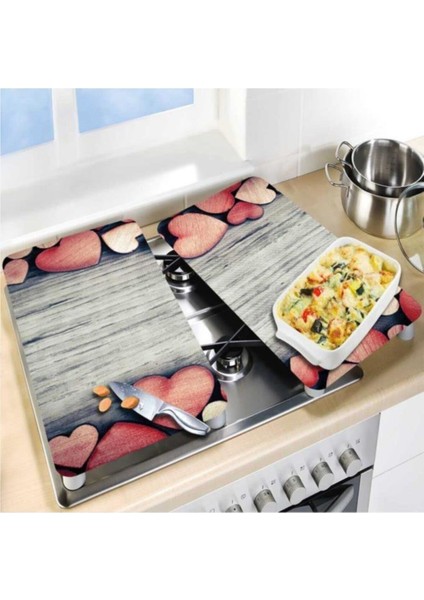 Cam Ocak Koruyucu ve Kesim Tablası Dokulu Kalpler 80 x 52 cm 2 Parça 5'li Ocaklar