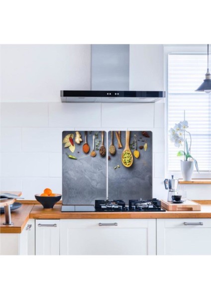 Cam Ocak Koruyucu ve Kesim Tablası Baharat ve Kaşıklar 80 x 52 cm 2 Parça 5'li Ocaklar