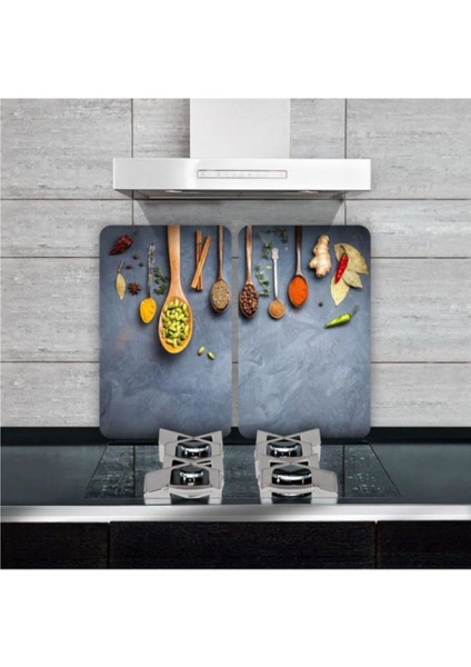 Cam Ocak Koruyucu ve Kesim Tablası Baharat ve Kaşıklar 80 x 52 cm 2 Parça 5'li Ocaklar fiyatları