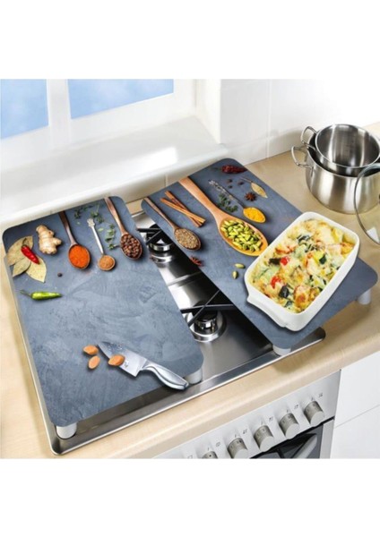 Cam Ocak Koruyucu ve Kesim Tablası Baharat ve Kaşıklar 80 x 52 cm 2 Parça 5'li Ocaklar modelleri