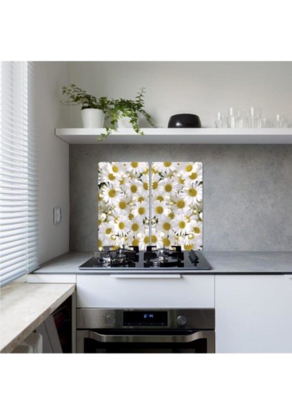 Cam Ocak Koruyucu ve Kesim Tablası Papatya Çiçeği 60 x 52 cm 2 Parça 4'lü Ocaklar
