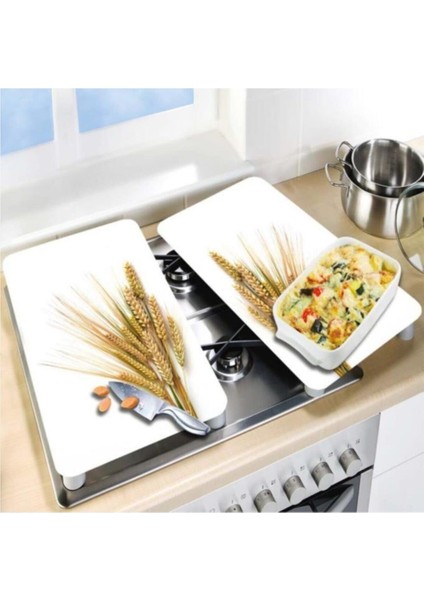 Dekoratif Cam Ocak Koruyucu ve Kesim Tahtası Başak 60 x 52 cm 2 Parça 4'lü Ocaklar