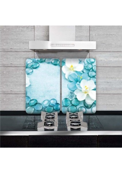 Dekoratif Cam Ocak Koruyucu ve Kesim Tahtası Mavi Taşlar 60 x 52 cm 2 Parça 4'lü Ocaklar