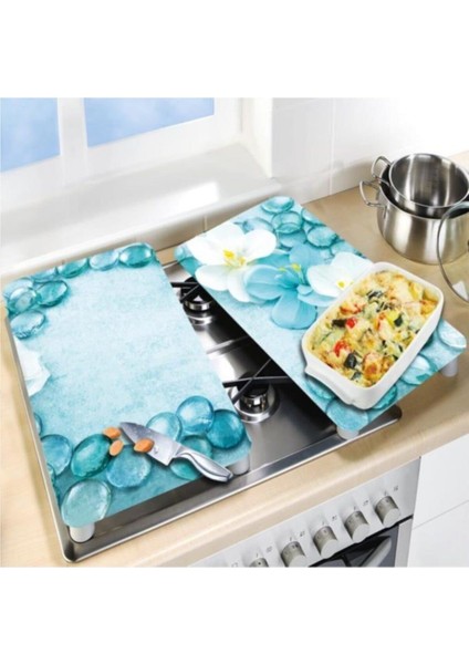 Dekoratif Cam Ocak Koruyucu ve Kesim Tahtası Mavi Taşlar 60 x 52 cm 2 Parça 4'lü Ocaklar fiyatları
