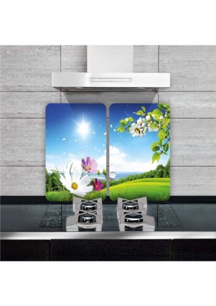 Dekoratif Cam Ocak Koruyucu ve Kesim Tahtası Zambak 60 x 52 cm 2 Parça 4'lü Ocaklar