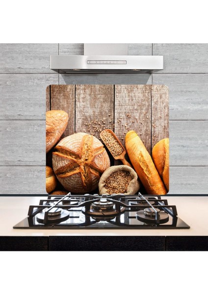 Dekoratif Cam Ocak Arkası Koruyucu ve Kesme Tahtası Ekmek 50 x 56 cm Tek Parça
