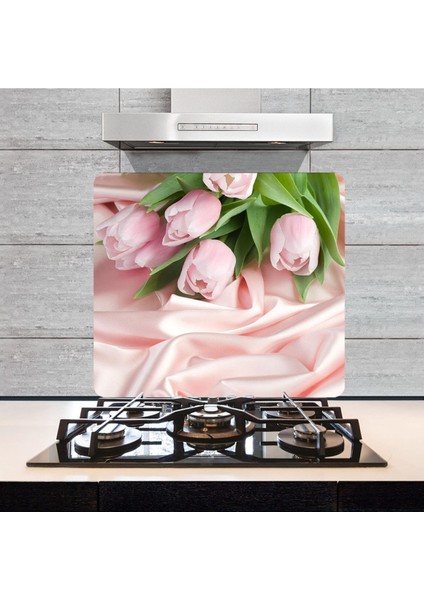 Dekoratif Cam Ocak Arkası Koruyucu ve Kesme Tahtası Pembe Güller 50 x 56 cm Tek Parça