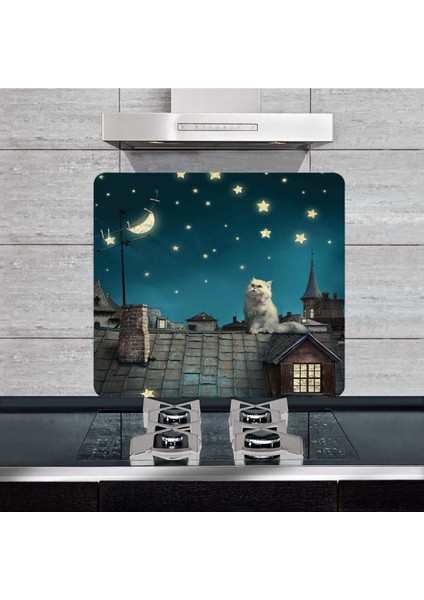 Dekoratif Cam Ocak Arkası Koruyucu ve Kesme Tahtası Kedi 50 x 56 cm Tek Parça