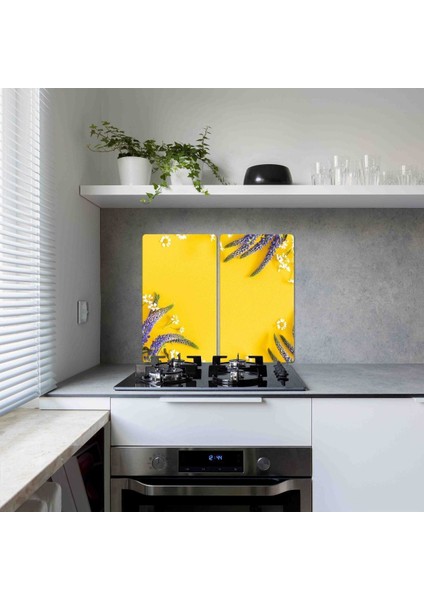 Dekoratif Cam Ocak Koruyucu ve Kesim Tablası Sarı Karanfil 60 x 52 cm 2 Parça 4'lü Ocaklar