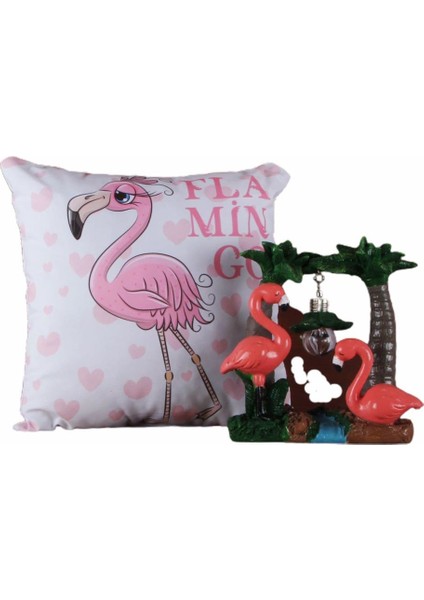 Flamingoların Aşkı Işıklı Biblo Flamingo Puf Yastık Seti