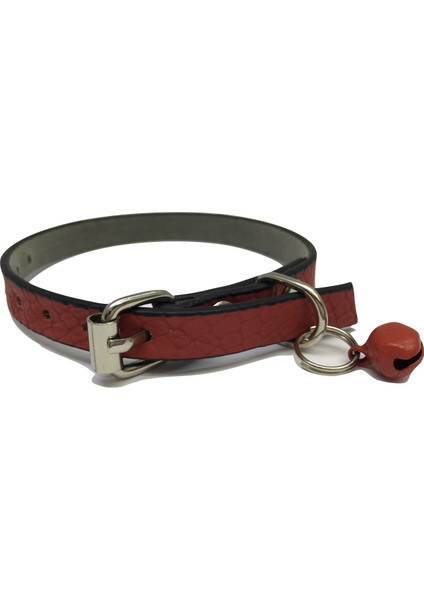 Kırmızı Kendinden Desenli Deri Zilli Kedi Tasması