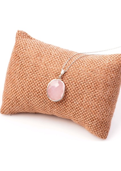 Pembe Kuvars Taşı Gümüş Kolye - Fasetli
