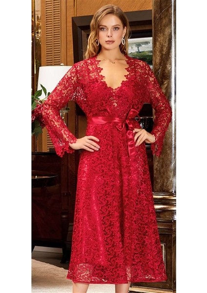 619 Çeyizlik Ipek Saten Dantelli Uzun Altılı Set - Bordo