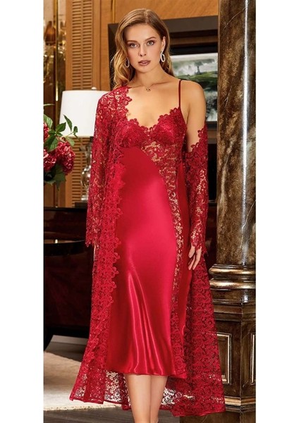 619 Çeyizlik Ipek Saten Dantelli Uzun Altılı Set - Bordo
