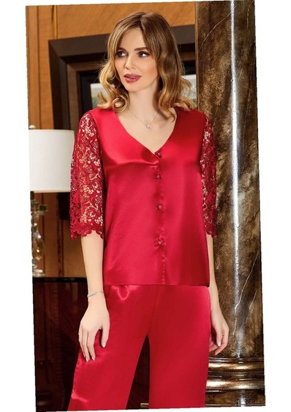 619 Çeyizlik Ipek Saten Dantelli Uzun Altılı Set - Bordo