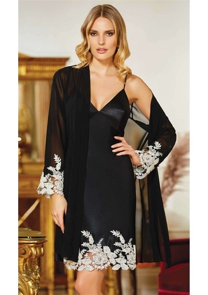 2924 Çeyizlik Ipek Saten Ikili Kısa Gecelik Sabahlıklı Takım - Siyah